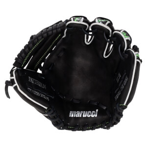 Inside palm view of a black leather glove with white piping and green stitching, with "marucci", "CYPRESS SERIES", and "HONOR THE GAME" visible in silver lettering.