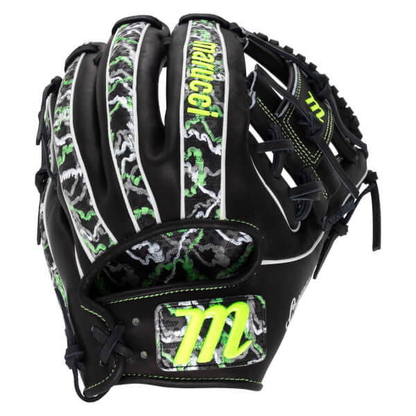 Back view of a black baseball glove featuring lime green camo panels, white piping, and the "marucci" and "M" logos.
