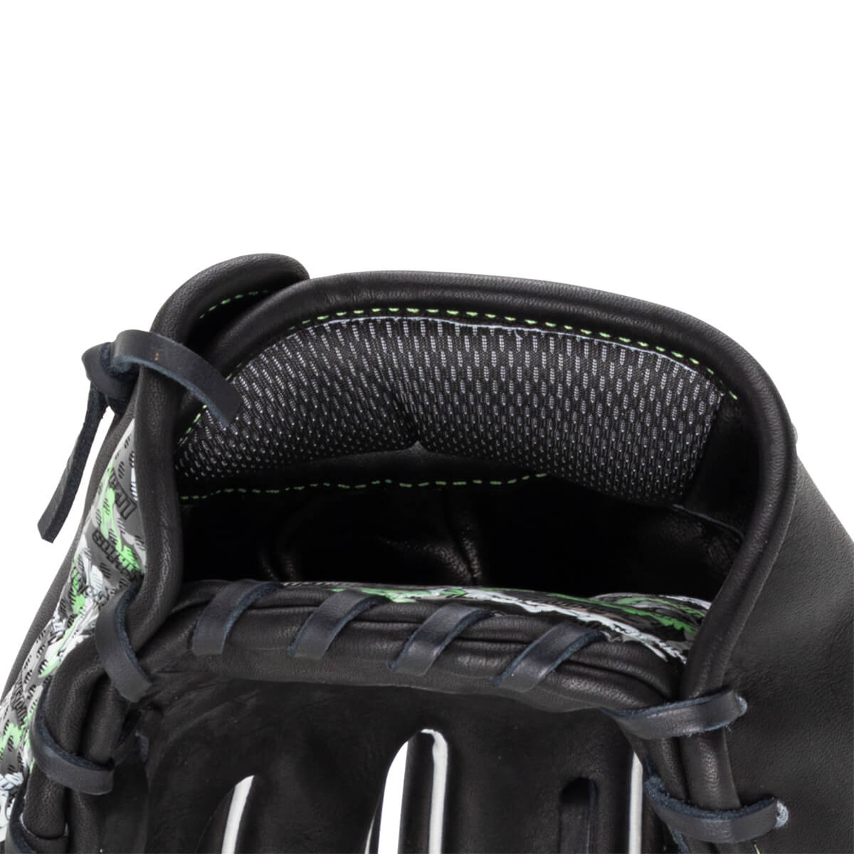 Close-up view of a black baseball glove wrist opening featuring grey mesh padding with lime green stitching and a patterned design.