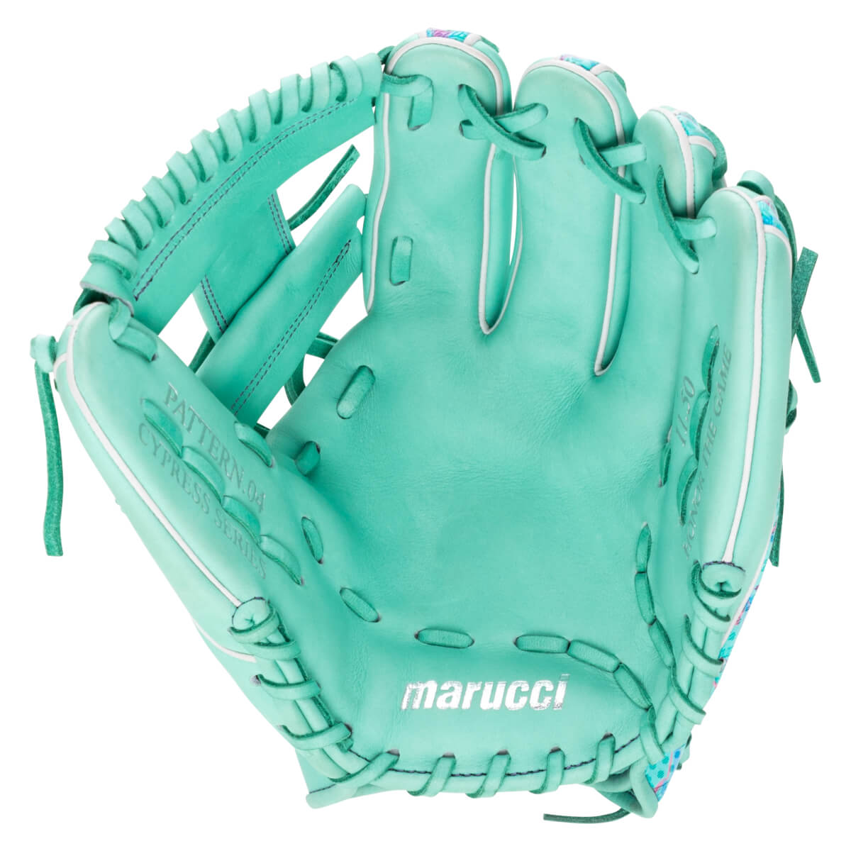 Front view of a teal Marucci glove showing "PATTERN.04", "CYPRESS SERIES", and "marucci" logo.