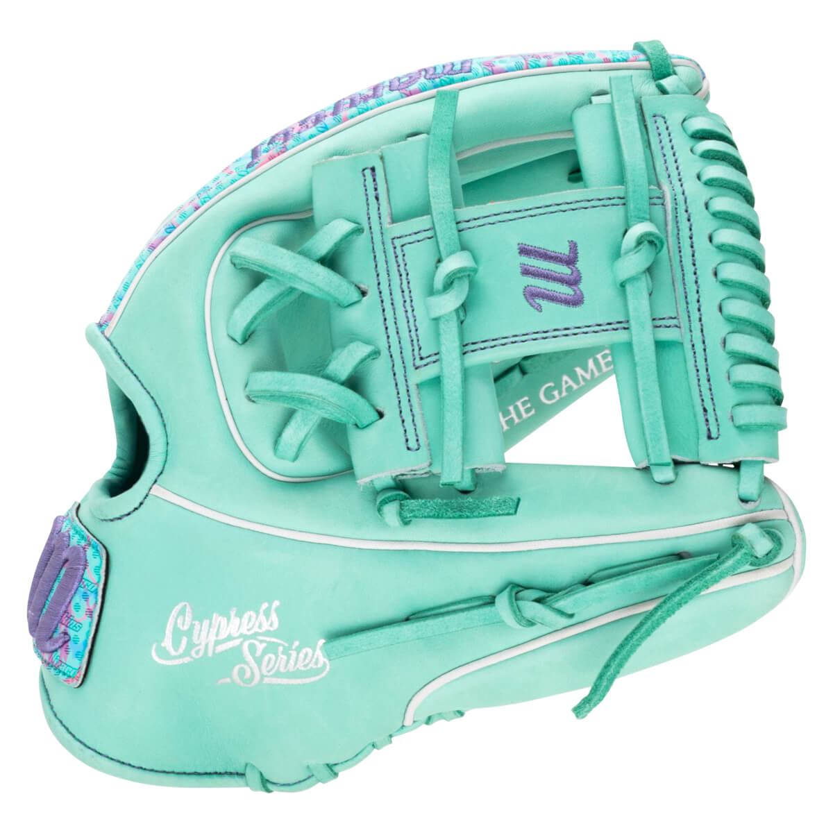 Front view of a teal Marucci baseball glove with purple and teal accents, showing the "M" logo and "Cypress Series" text.