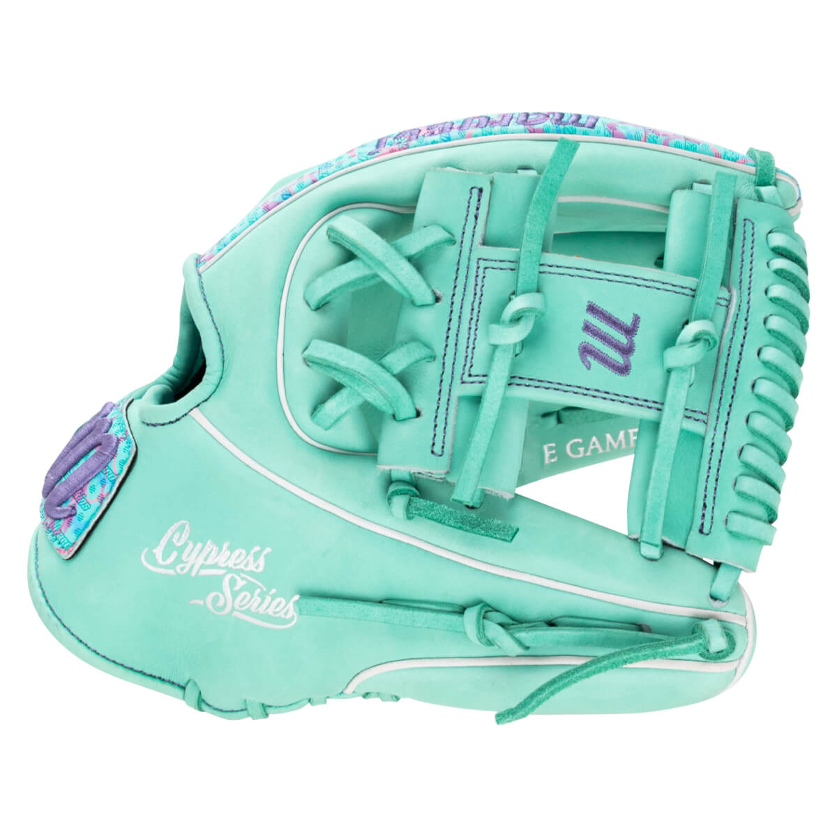Side view of a mint green Marucci glove with "Cypress - Series" and the Marucci "M" logo.