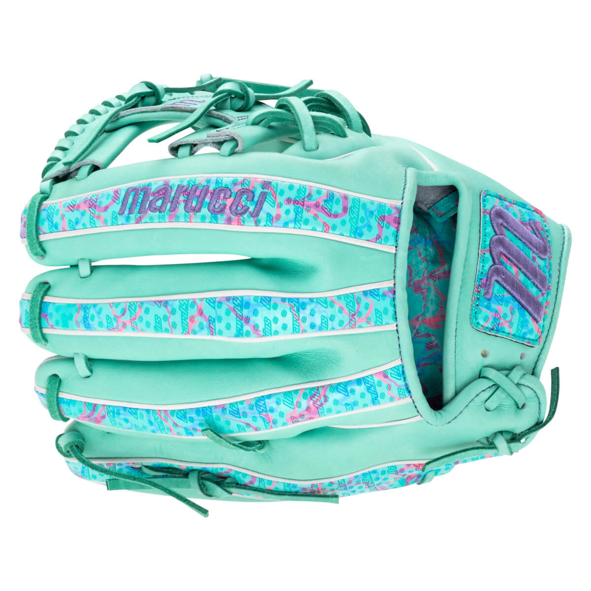 Front view of a teal Marucci baseball glove with colorful patterned accents and "Marucci" text.