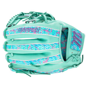 Front view of a teal Marucci baseball glove with colorful patterned accents and "Marucci" text.