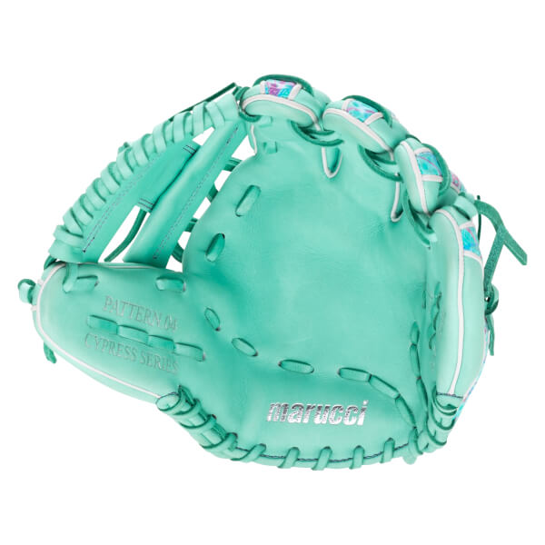 Front view of a turquoise Marucci baseball glove with "PATTERN 04", "CYPRESS SERIES", and "marucci" visible.