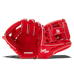 Front and back views of a red Marucci Cypress Series baseball glove with white stitching and the words "marucci" and "Cypress Series" printed in white.
