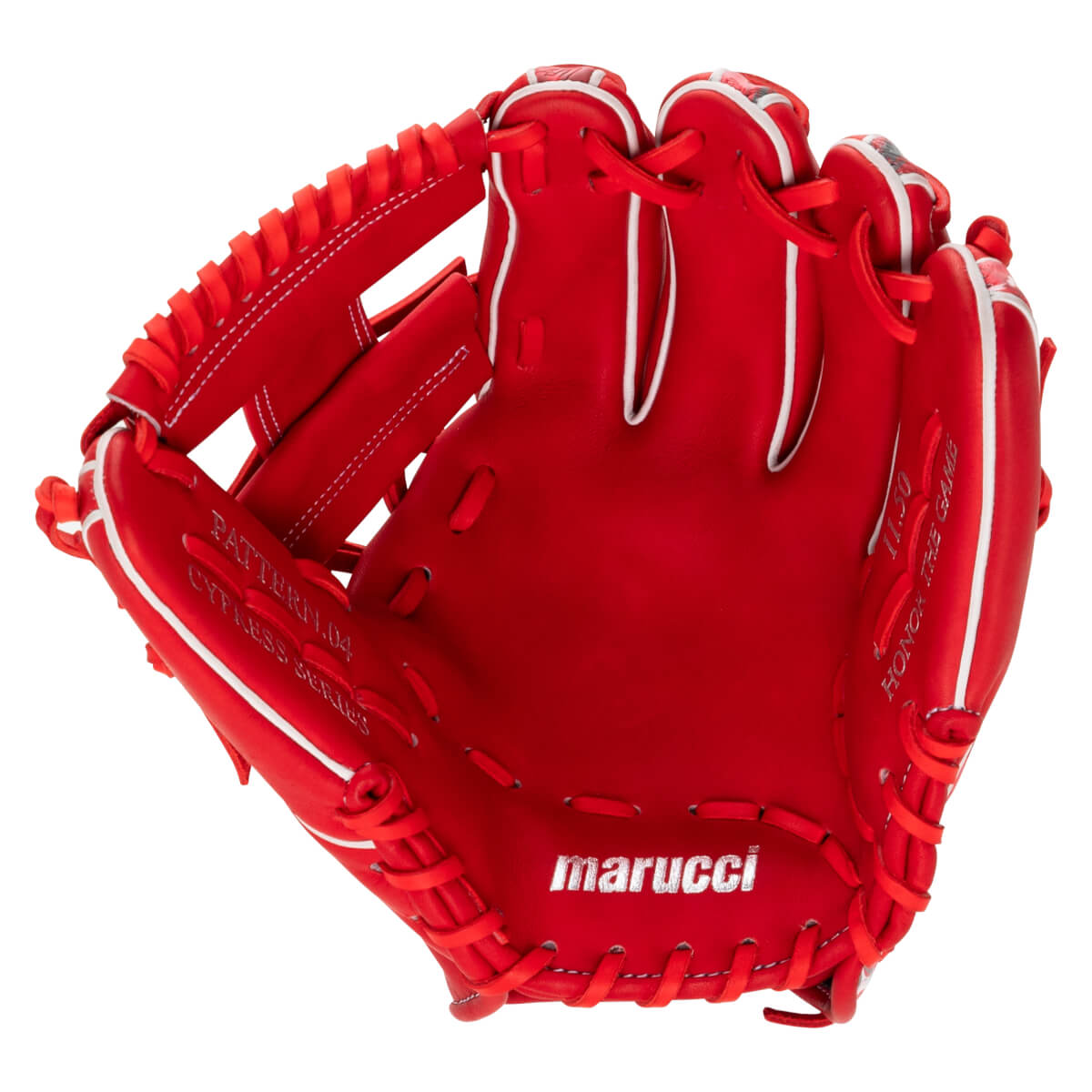 Front view of the red leather baseball glove with white piping, red laces, and silver text including "marucci", "CYPRESS SERIES", and "HONOR THE GAME".