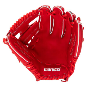 Front view of the red leather baseball glove with white piping, red laces, and silver text including "marucci", "CYPRESS SERIES", and "HONOR THE GAME".