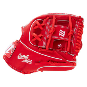 Side view of the red leather glove showing white "Cypress Series" script, white trim, and a white "M" logo on the webbing.