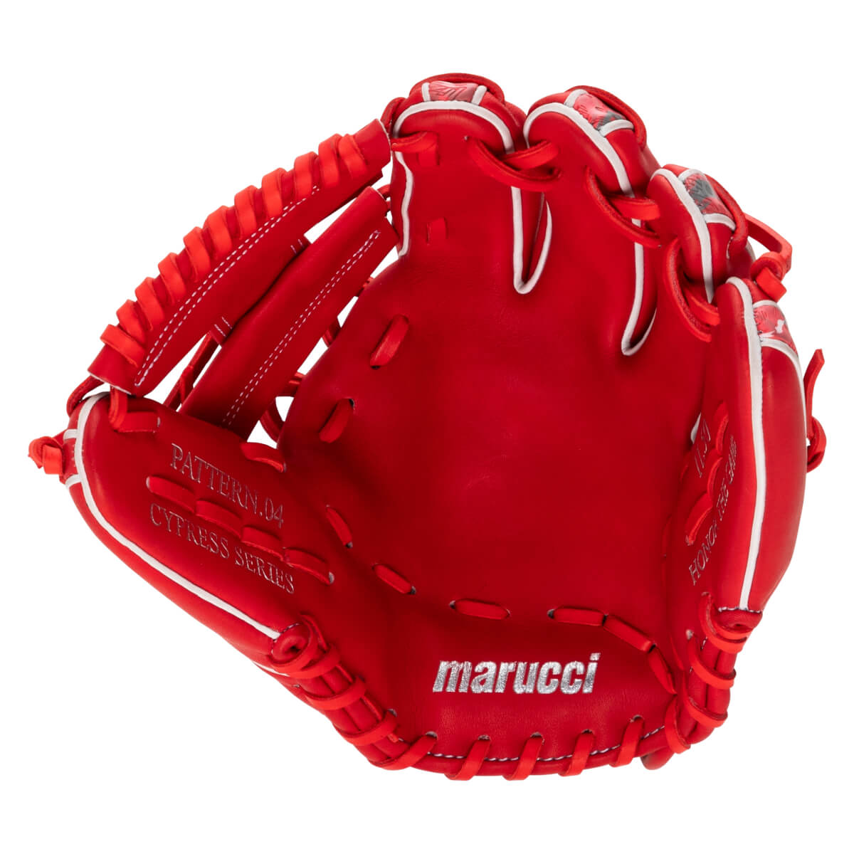 Front view of a red baseball glove with white trim, featuring silver "marucci" branding on the heel and "PATTERN.04 CYPRESS SERIES" stamped on the pinky stall.