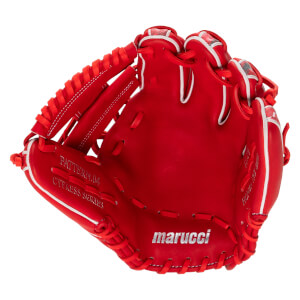 Front view of a red baseball glove with white trim, featuring silver "marucci" branding on the heel and "PATTERN.04 CYPRESS SERIES" stamped on the pinky stall.