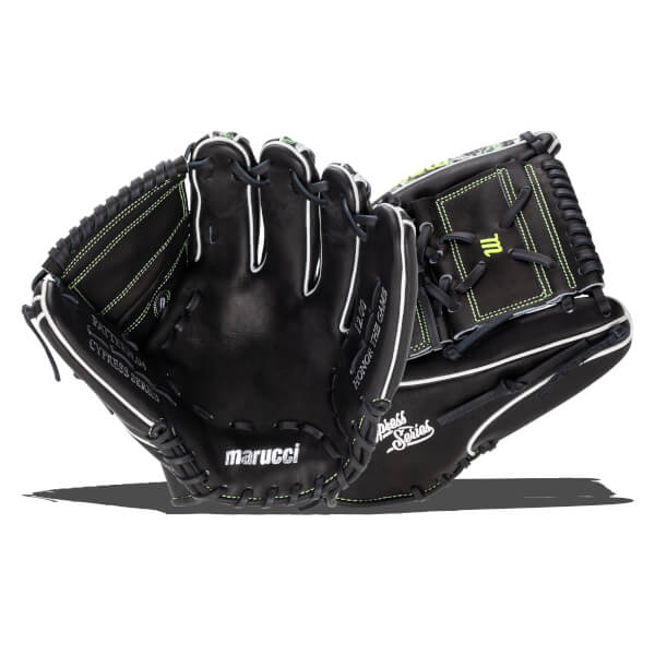 Front view of a black baseball glove with neon green stitching and white trim, featuring the "marucci" logo on the heel and "CYPRESS SERIES" text.