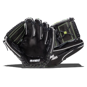 Front view of a black baseball glove with neon green stitching and white trim, featuring the "marucci" logo on the heel and "CYPRESS SERIES" text.