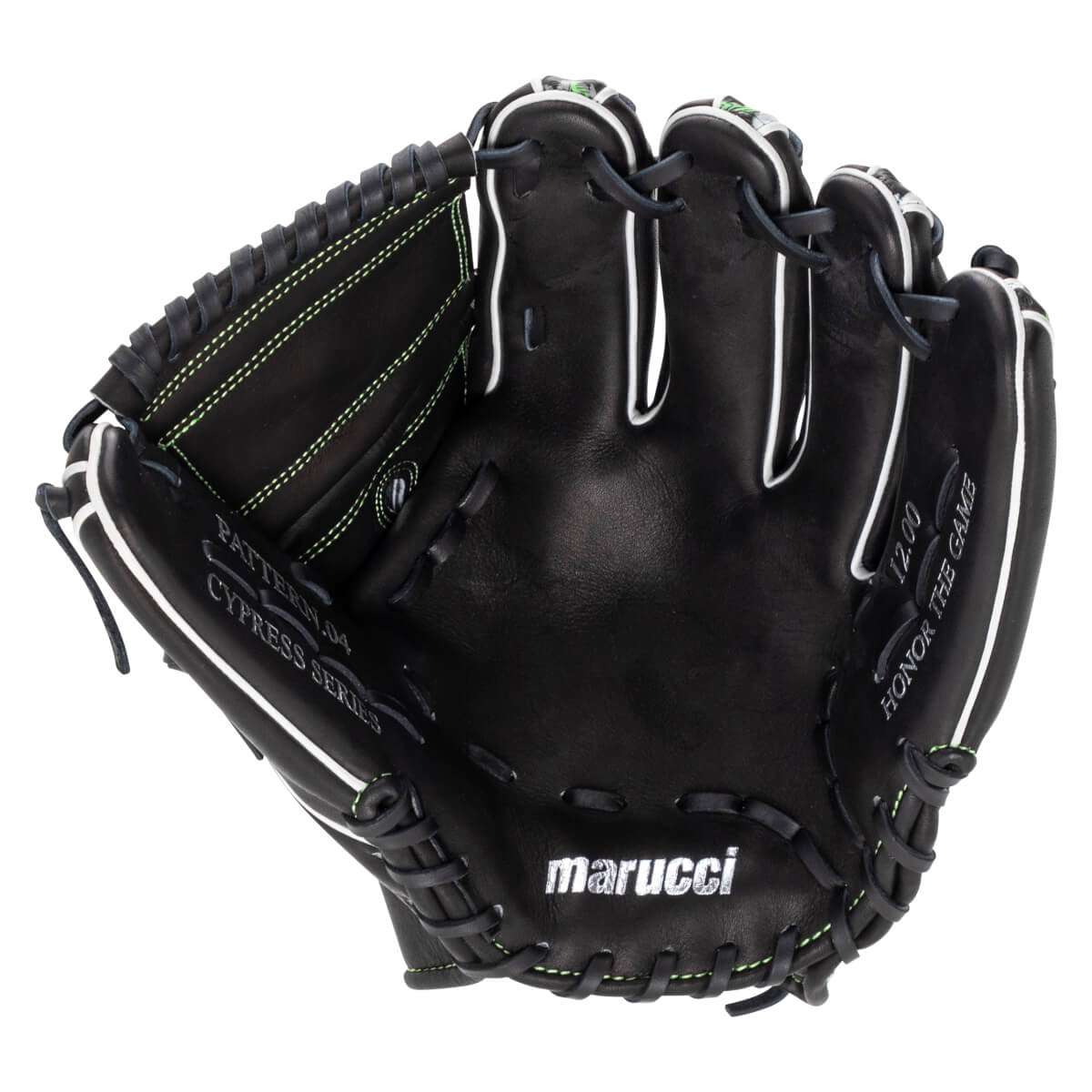 Front view of a black baseball glove with lime green stitching and white welting, featuring "marucci", "CYPRESS SERIES", and "HONOR THE GAME" text on the palm.