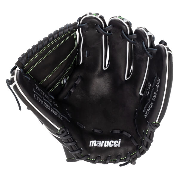 Front view of a black baseball glove with lime green stitching and white welting, featuring "marucci", "CYPRESS SERIES", and "HONOR THE GAME" text on the palm.