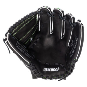 Front view of a black baseball glove with lime green stitching and white welting, featuring "marucci", "CYPRESS SERIES", and "HONOR THE GAME" text on the palm.