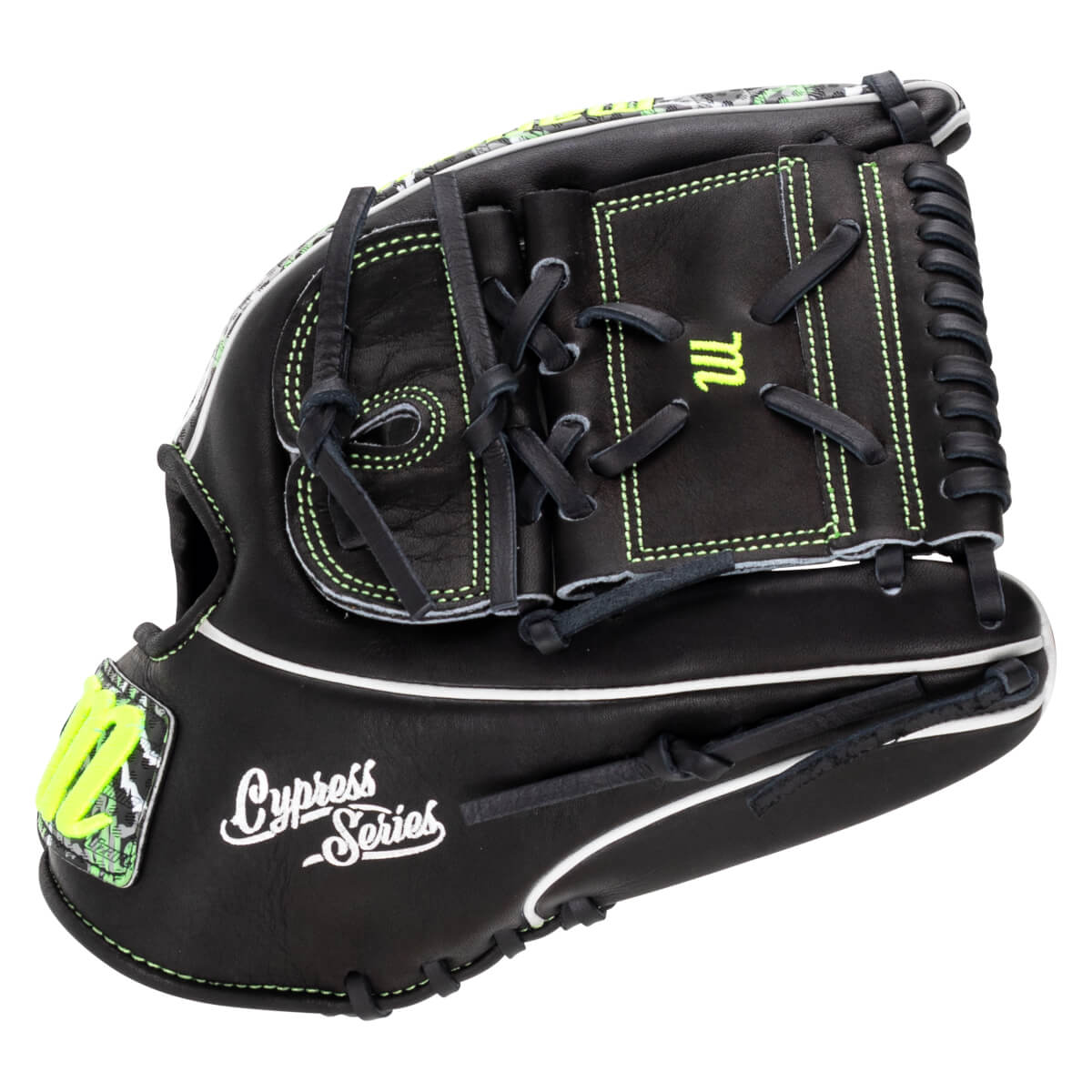 Back view of a black baseball glove with neon green stitching, featuring white "Cypress Series" text and a lime green Marucci "M" logo on lizard skin patterned trim.