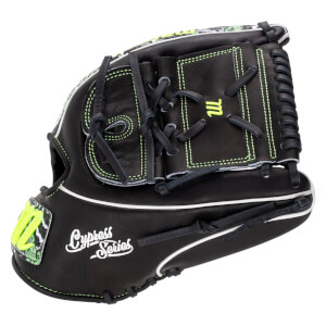 Back view of a black baseball glove with neon green stitching, featuring white "Cypress Series" text and a lime green Marucci "M" logo on lizard skin patterned trim.
