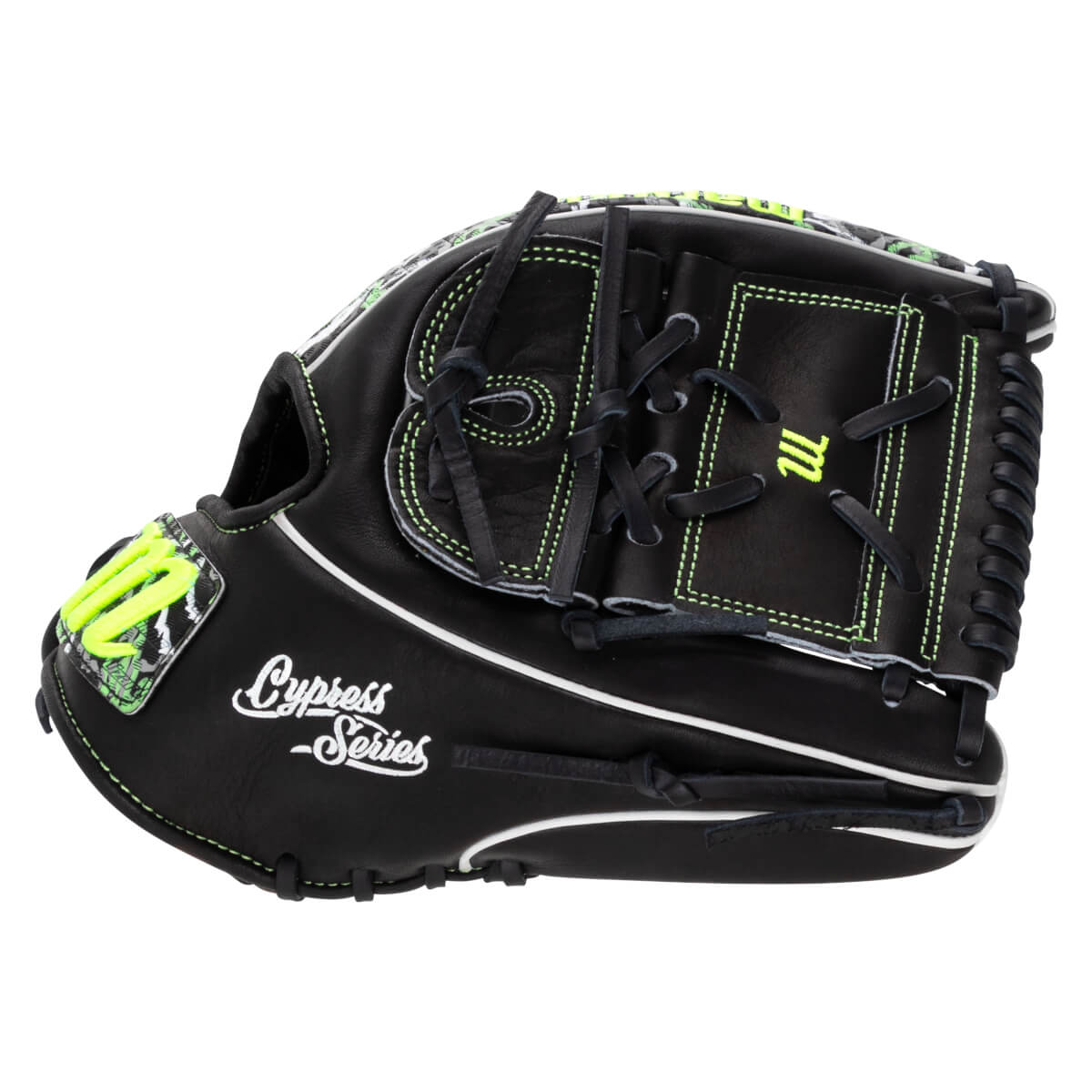 Side view of a black baseball glove featuring white "Cypress Series" script, neon green stitching, and a yellow "M" logo on the leather pocket webbing.