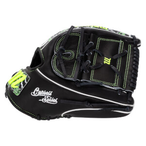 Side view of a black baseball glove featuring white "Cypress Series" script, neon green stitching, and a yellow "M" logo on the leather pocket webbing.