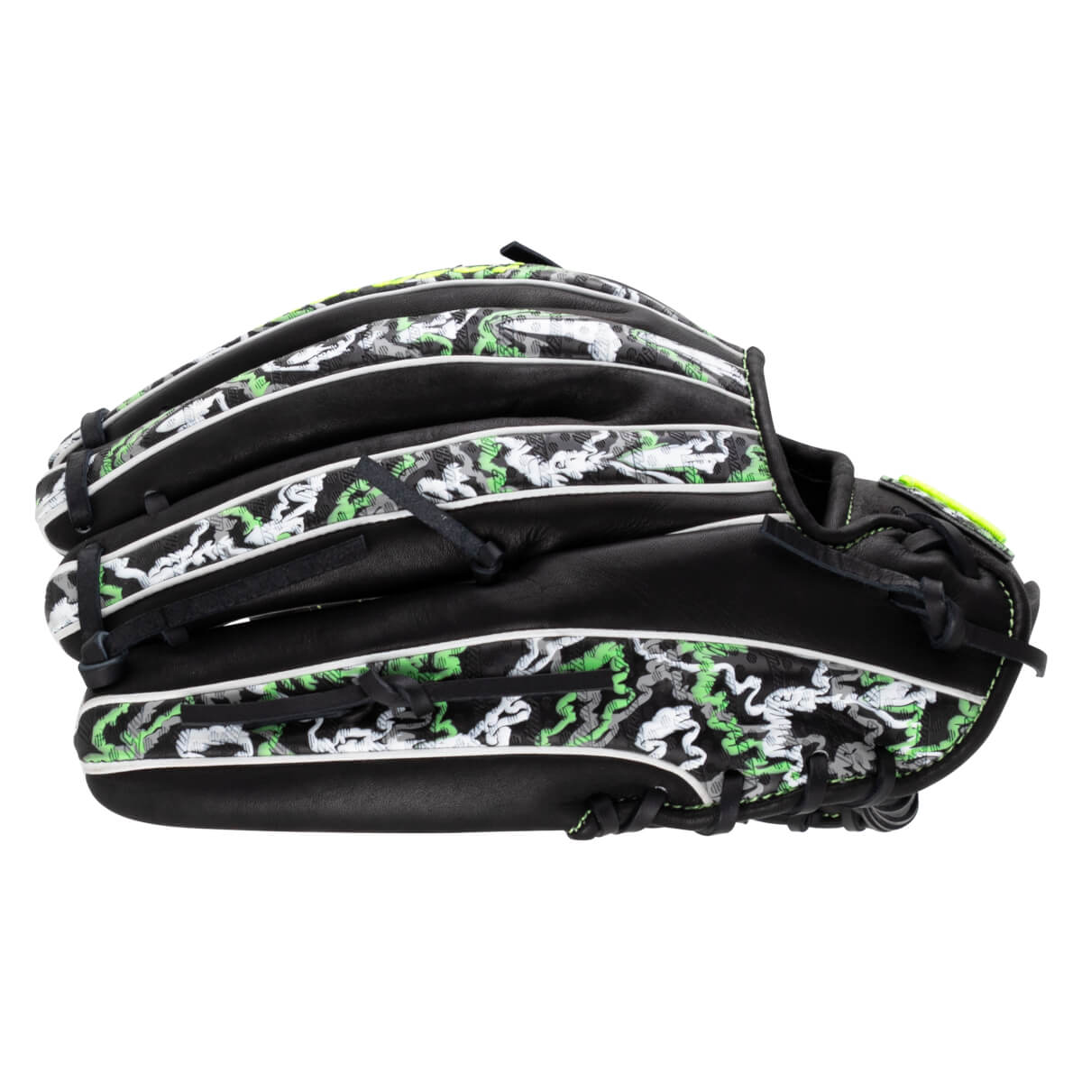 Side view of the black baseball glove featuring a lime green, gray, and white camo pattern on the fingers and shell accented by white piping.