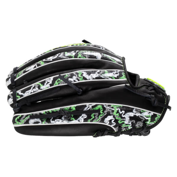 Side view of the black baseball glove featuring a lime green, gray, and white camo pattern on the fingers and shell accented by white piping.