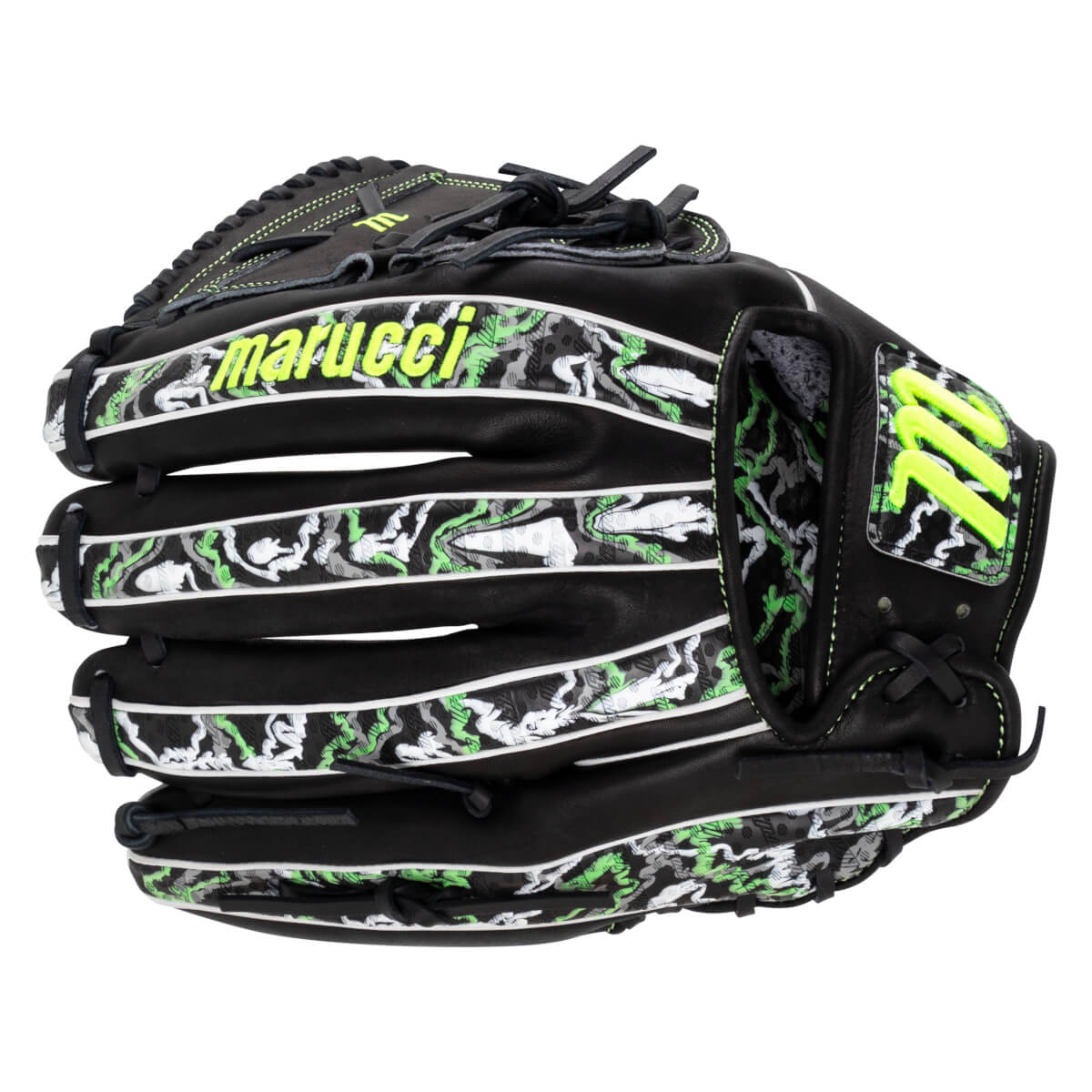 Back view of a black leather glove featuring green and grey camo patterns, white piping, and lime green marucci text on the finger.