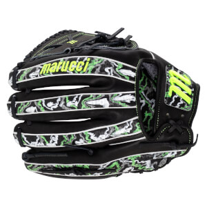 Back view of a black leather glove featuring green and grey camo patterns, white piping, and lime green marucci text on the finger.