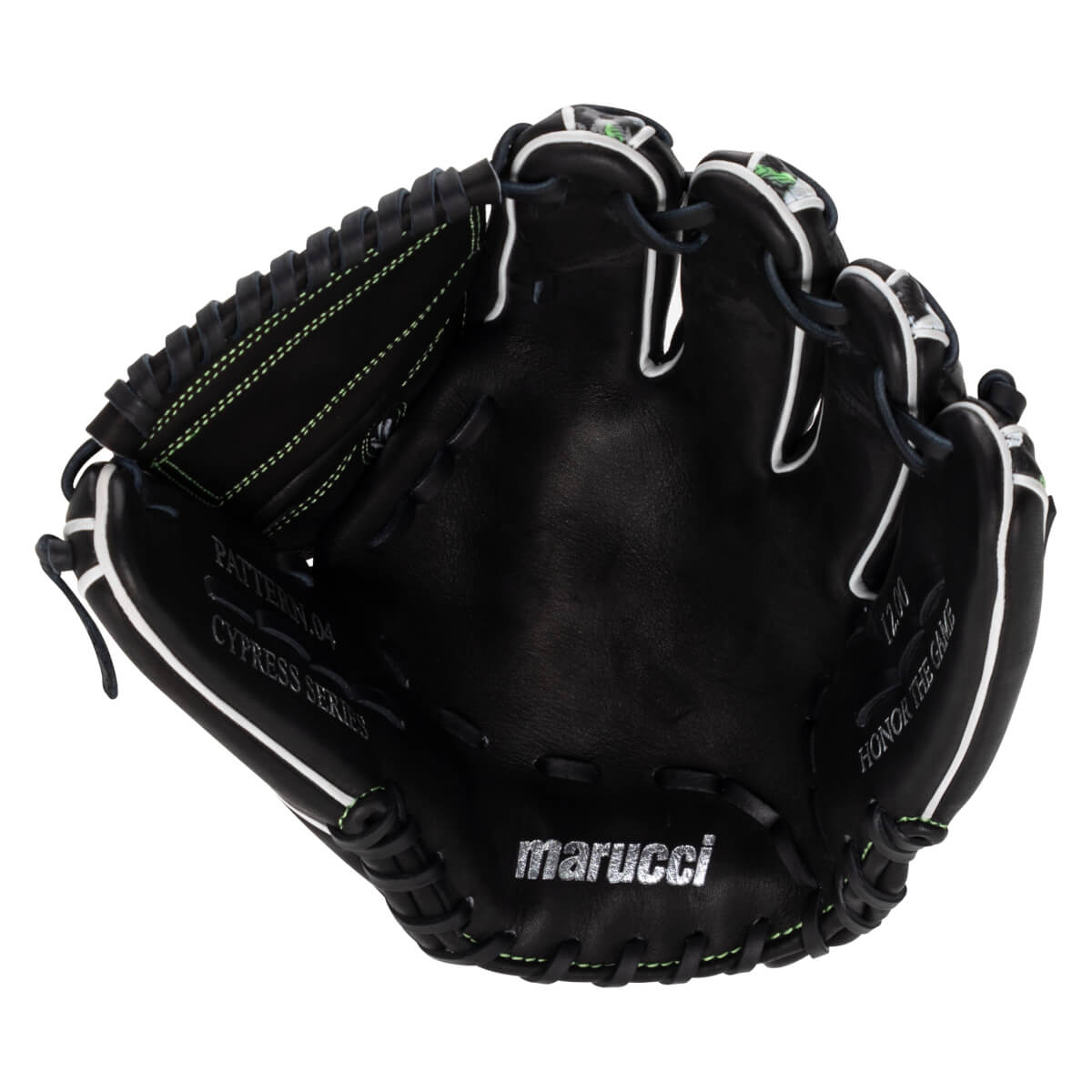 Front view of a black baseball glove with lime green stitching, white welting, and silver marucci, CYPRESS SERIES, and HONOR THE GAME text on the palm.