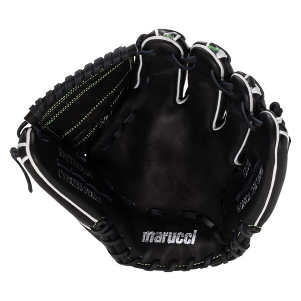 Front view of a black baseball glove with lime green stitching, white welting, and silver marucci, CYPRESS SERIES, and HONOR THE GAME text on the palm.
