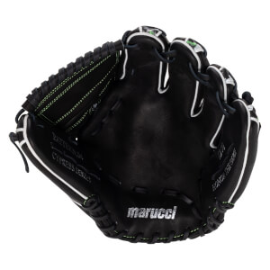 Front view of a black baseball glove with lime green stitching, white welting, and silver marucci, CYPRESS SERIES, and HONOR THE GAME text on the palm.