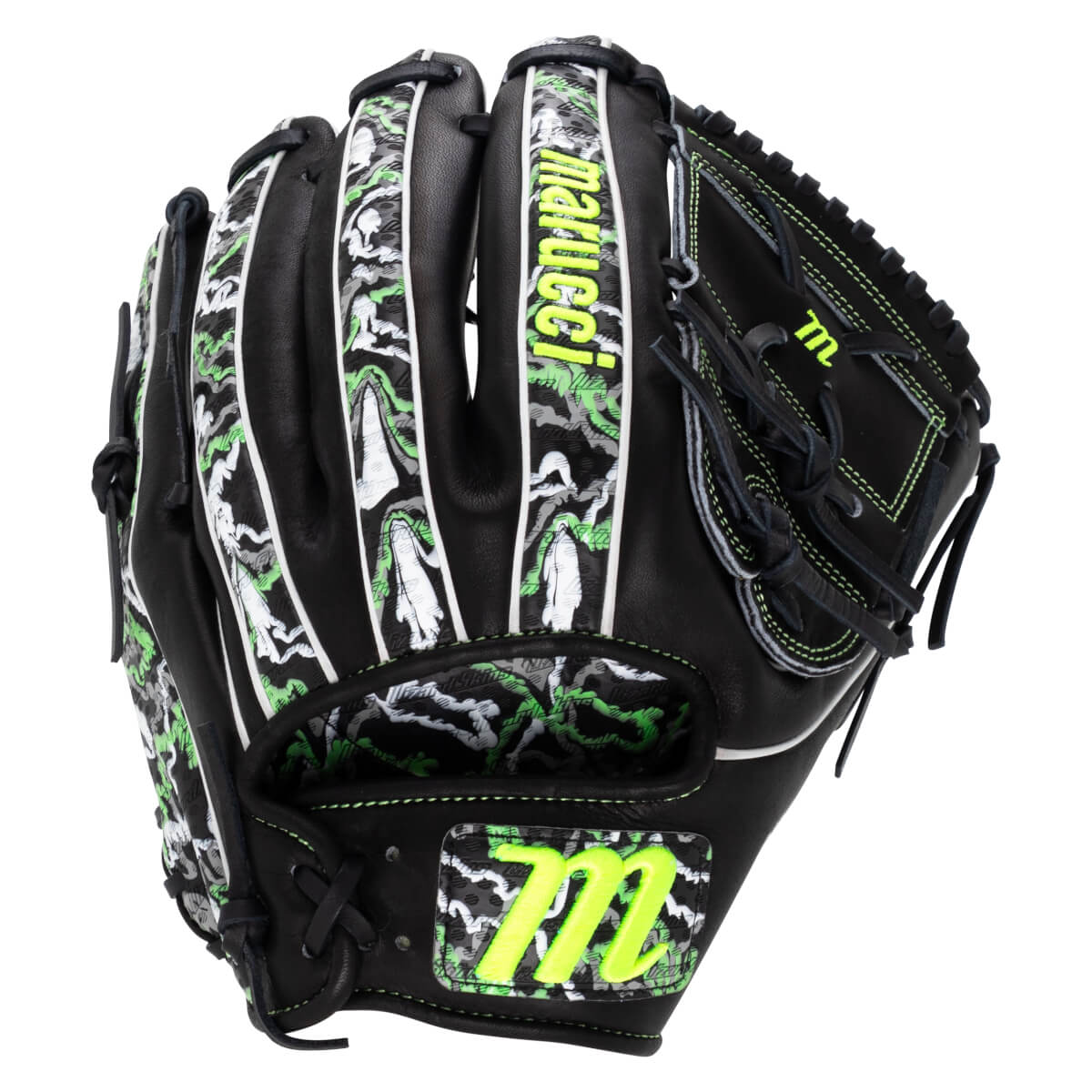 Back view of a black leather glove featuring neon green marucci text and M logos, accented with green and white camo patterns on the fingers and wrist.