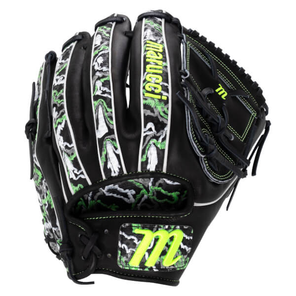 Back view of a black leather glove featuring neon green marucci text and M logos, accented with green and white camo patterns on the fingers and wrist.