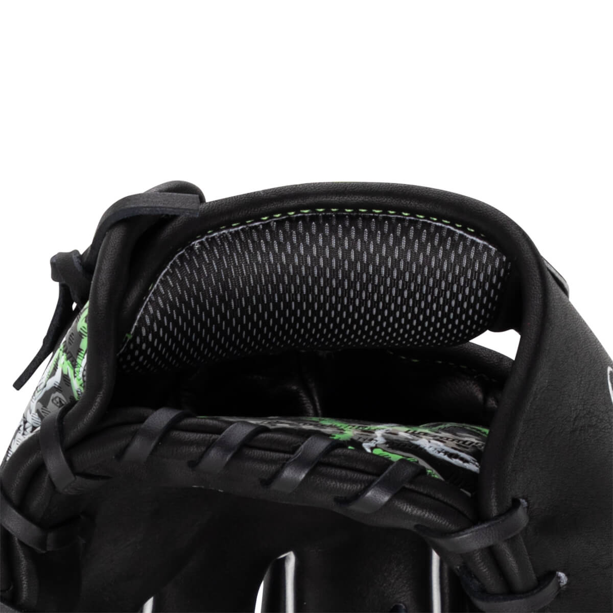Close-up of the wrist opening featuring a grey mesh pad, black leather with lime green accents, and a graphic-patterned interior lining.