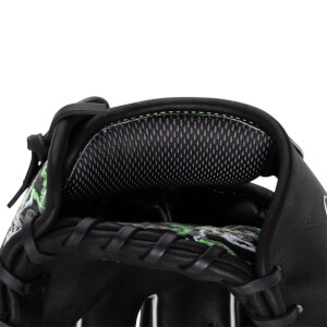 Close-up of the wrist opening featuring a grey mesh pad, black leather with lime green accents, and a graphic-patterned interior lining.