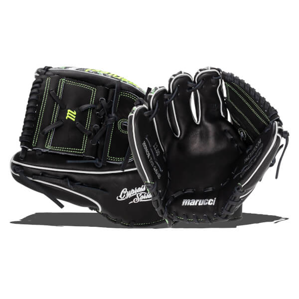 Front and back views of a black baseball glove featuring neon green stitching and the "marucci" and "Cypress Series" branding.