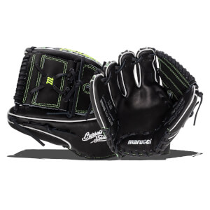 Front and back views of a black baseball glove featuring neon green stitching and the "marucci" and "Cypress Series" branding.