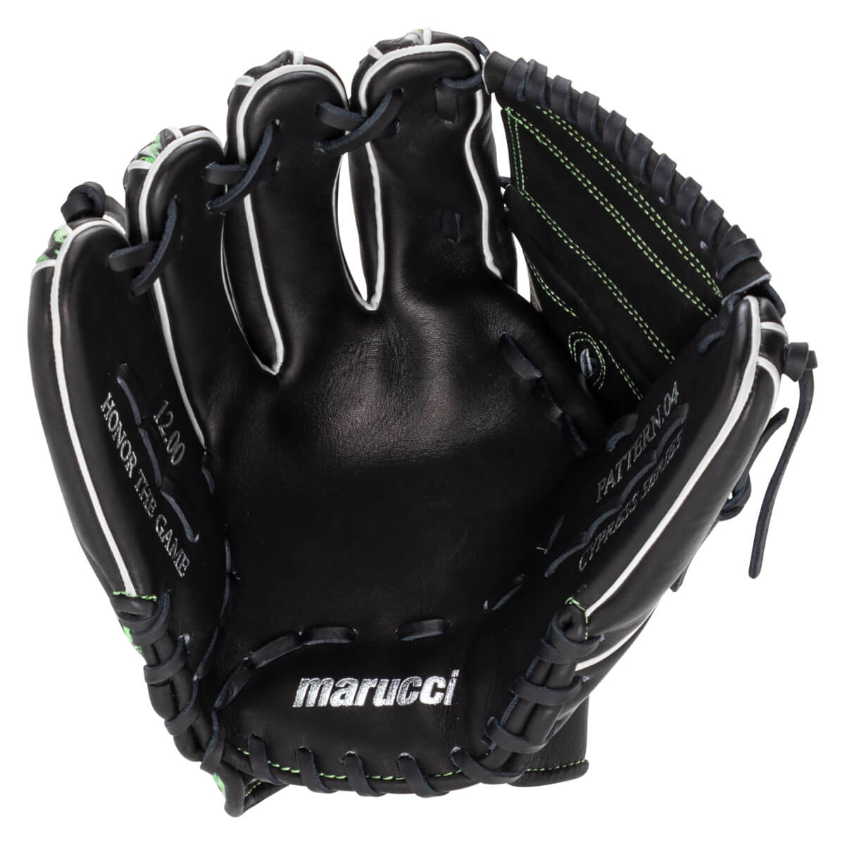 Interior palm view of a black glove with white piping and green stitching, featuring silver marucci branding and embossed HONOR THE GAME and CYPRESS SERIES text.