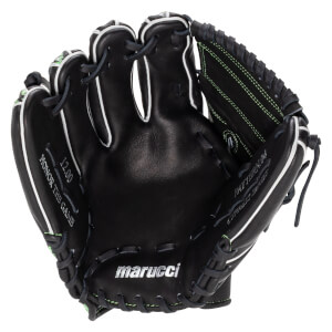 Interior palm view of a black glove with white piping and green stitching, featuring silver marucci branding and embossed HONOR THE GAME and CYPRESS SERIES text.