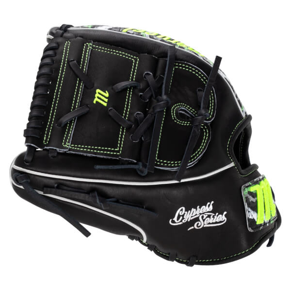 Back view of a black leather baseball glove featuring neon green stitching, a neon green "m" logo on the web, and "Cypress Series" in white cursive script.