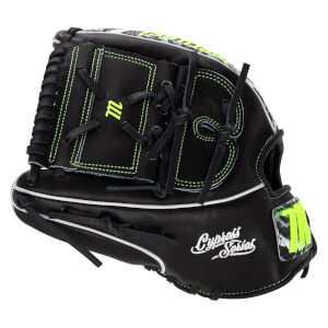 Back view of a black leather baseball glove featuring neon green stitching, a neon green "m" logo on the web, and "Cypress Series" in white cursive script.