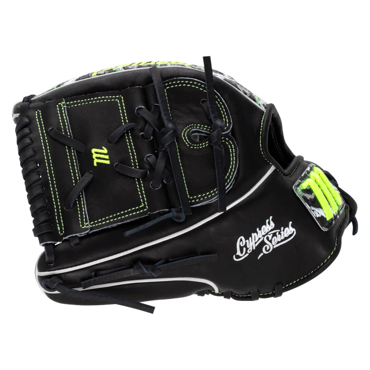 Back view of a black baseball glove with neon green stitching and "Cypress Series" in white script, featuring a neon green "M" logo on the web and wrist strap.