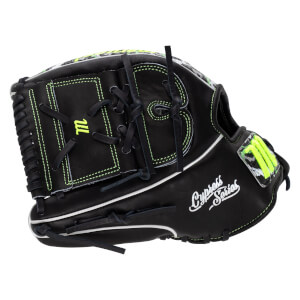 Back view of a black baseball glove with neon green stitching and "Cypress Series" in white script, featuring a neon green "M" logo on the web and wrist strap.