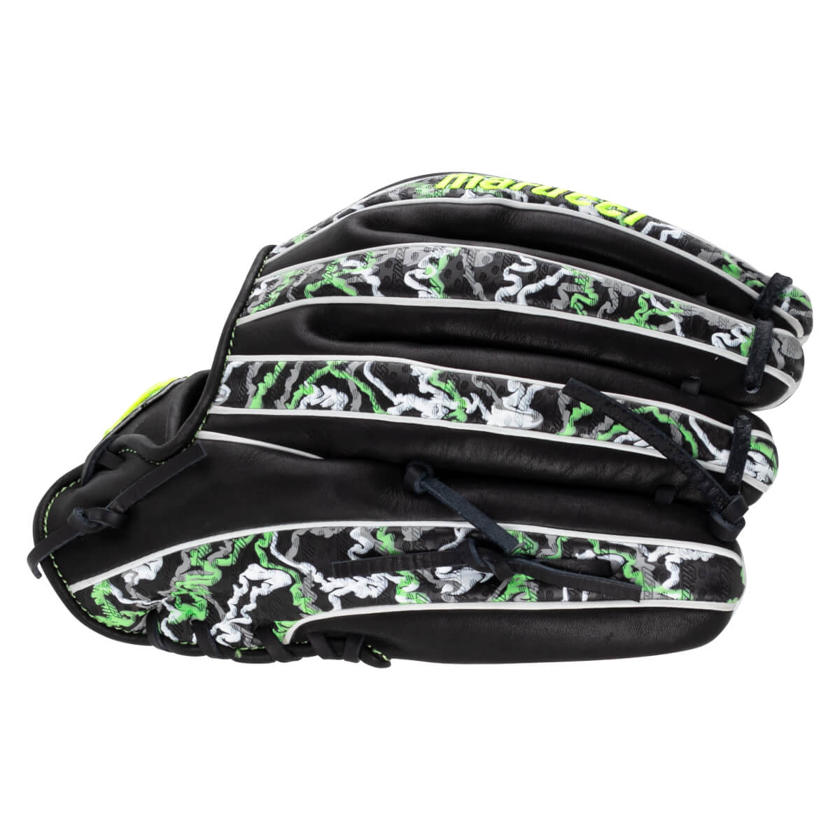 Back view of a black baseball glove featuring neon green and gray patterned panels, white piping, and lime green Marucci branding along the top finger.