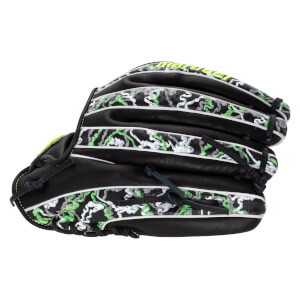 Back view of a black baseball glove featuring neon green and gray patterned panels, white piping, and lime green Marucci branding along the top finger.