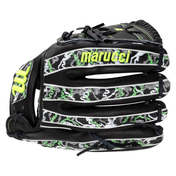 Back view of the black baseball glove featuring neon green "marucci" text and a grey, white, and green camouflage pattern on the fingers and thumb.