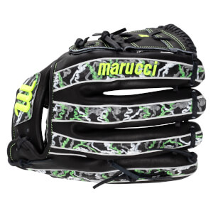 Back view of the black baseball glove featuring neon green "marucci" text and a grey, white, and green camouflage pattern on the fingers and thumb.