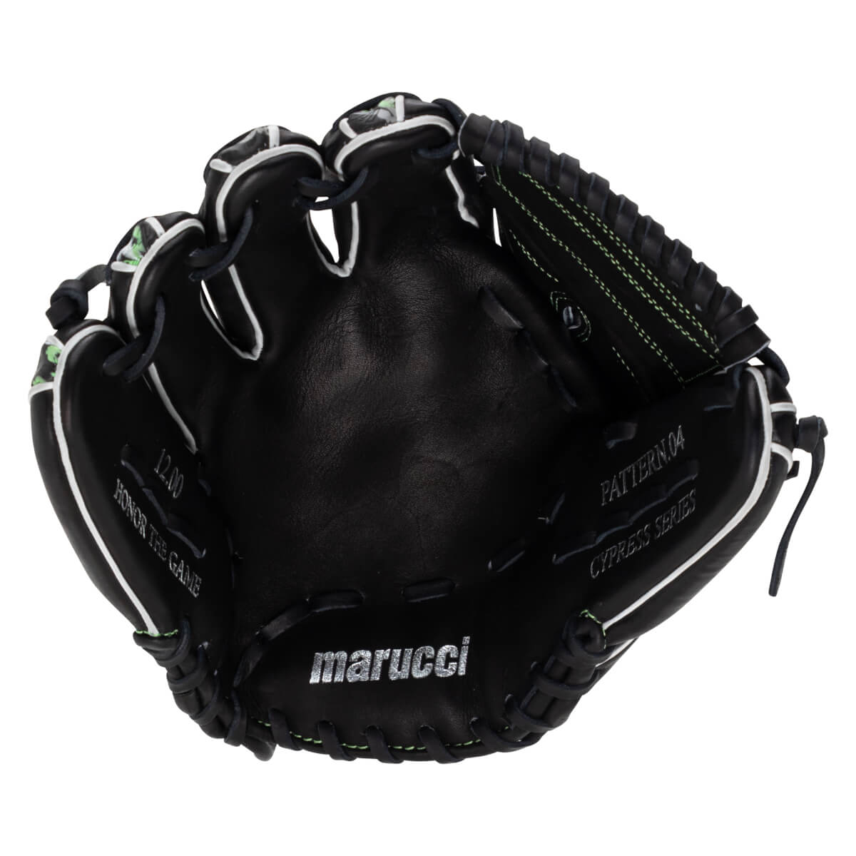 Front palm view of a black baseball glove with white welting, featuring a silver marucci logo and "HONOR THE GAME" and "CYPRESS SERIES" text on the leather.