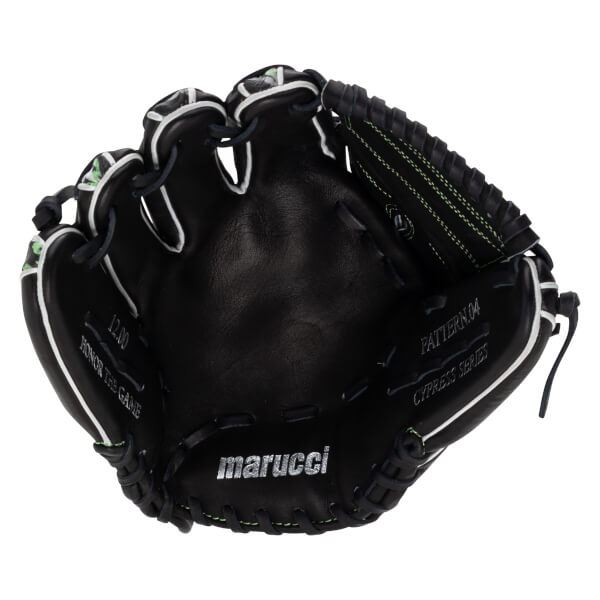 Front palm view of a black baseball glove with white welting, featuring a silver marucci logo and "HONOR THE GAME" and "CYPRESS SERIES" text on the leather.