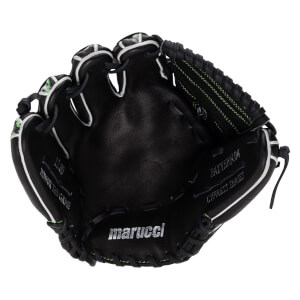Front palm view of a black baseball glove with white welting, featuring a silver marucci logo and "HONOR THE GAME" and "CYPRESS SERIES" text on the leather.